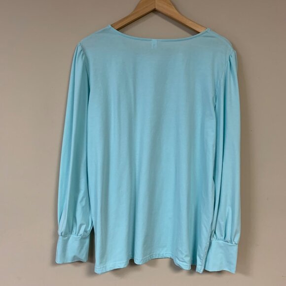 Blue Blouse Women's Light Blue Long Sleeve Shirt Button Cuff Detail & Scoop Neck - Picture 2 of 8